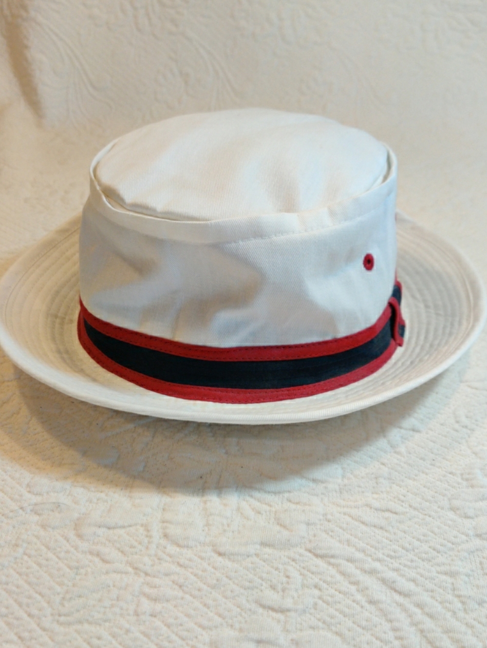 SOLD - Panama Style Men's Breathable Bucket Hat White W/ Black & Red Band